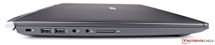 Left: Kensington lock, 2x USB 2.0, 3.5 mm audio, SPDIF, SD-card reader