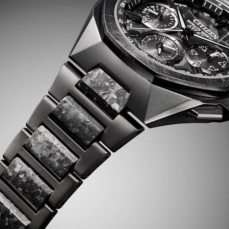 The bracelet's center links showcase Citizen's unique recrystallized titanium finish, creating crystal-like patterns that vary from watch to watch.