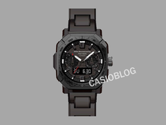 The Casio Pro Trek x White Mountaineering PRW-B1000WM-1 collab watch, pictured with the Casioblog text against a grey background. (Image source: Casioblog)