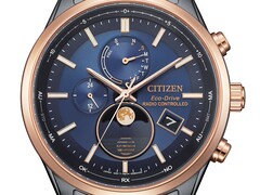 Close-up of the Citizen BY1036-53L Eco-Drive moonphase watch with a blue dial, rose gold-tone bezel, black stainless steel case, analog moonphase display at 6 o'clock