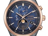 Close-up of the Citizen BY1036-53L Eco-Drive moonphase watch with a blue dial, rose gold-tone bezel, black stainless steel case, analog moonphase display at 6 o'clock