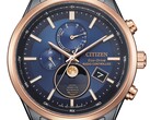 Close-up of the Citizen BY1036-53L Eco-Drive moonphase watch with a blue dial, rose gold-tone bezel, black stainless steel case, analog moonphase display at 6 o'clock