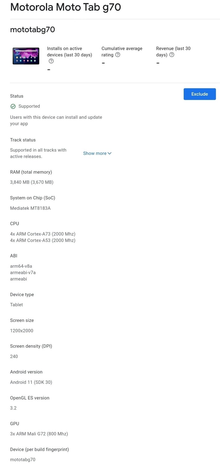 The "Moto Tab G70's" new listing. (Source: Google Play Console via Abhishek Yadav on Twitter )