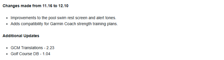 The change log for stable update 12.10 for the Garmin vivoactive 5 and Venu 3 smartwatches. (Image source: Garmin)