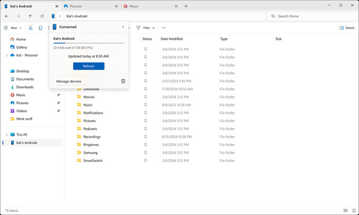 Managing Android phone via File Explorer on Windows 11 (Image source: Microsoft)
