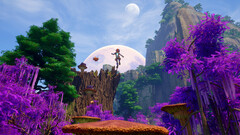 Revenge of the Savage Planet steam screenshot with explorer jumping off a mushroom between purple trees