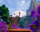 Revenge of the Savage Planet steam screenshot with explorer jumping off a mushroom between purple trees