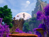 Revenge of the Savage Planet steam screenshot with explorer jumping off a mushroom between purple trees