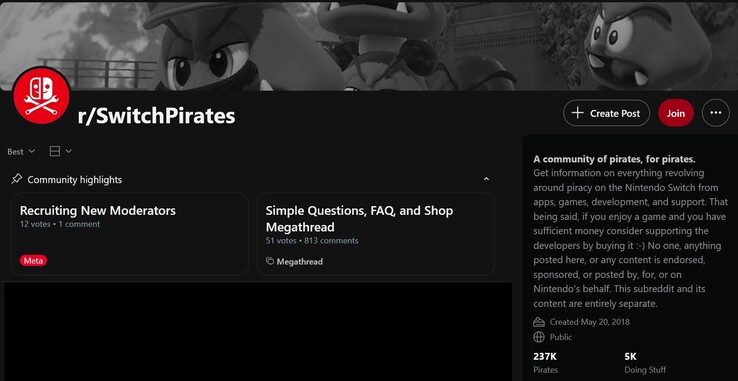 Switch piracy subreddit is shown (Image source: screenshot, r/SwitchPirates)