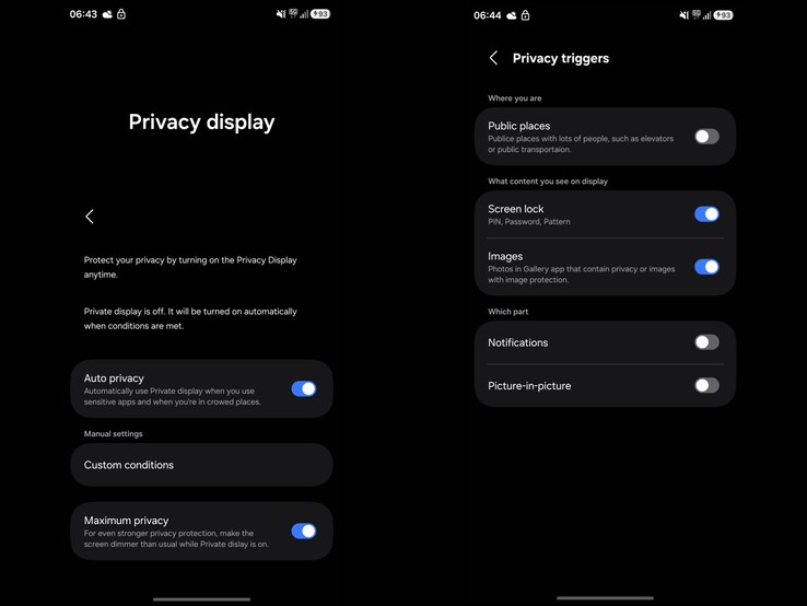 Screenshots showing 'Privacy Display' setting in OneUI 8.5. (Image source: Ach on X)