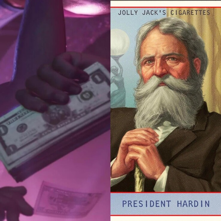 Image showing the money in GTA 6 from Trailer 2 alongside President Hardin. (Image source: Synth Potato on X)
