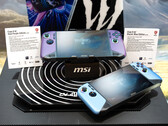 MSI's new Glacier Blue and Void Purple versions of the existing Claw 8 AI+ on show at CES 2026 in Las Vegas. (Image source: MSI)
