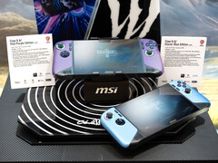 MSI's new Glacier Blue and Void Purple versions of the existing Claw 8 AI+ on show at CES 2026 in Las Vegas. (Image source: MSI)