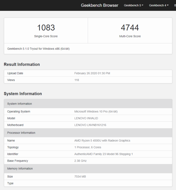AMD Ryzen 5 4500U Geekbench score. (Source: Geekbench)