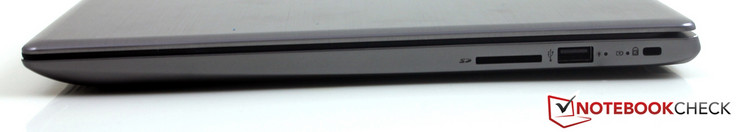 Right side: SD card reader, USB 2.0, Kensington lock slot