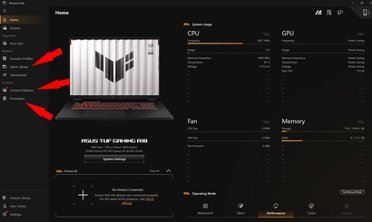 Promotion, Content Platform, Game Library - Armoury Crate packs too much and loading times are not optimal