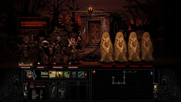 An image showing a fight against multiple enemies in Darkest Dungeon. 