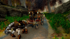 An image of the Dovahkiin riding his carriage and mobile home through the forests of Skyrim. (Image Source :  Bethesda Game Studios)