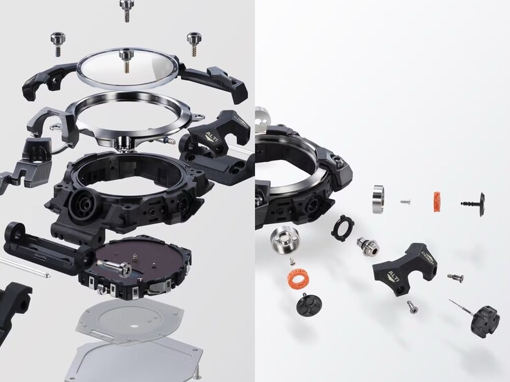 Exploded view of the Casio G-Shock Mudmaster GWG-B1000 showing the watch’s disassembled bezel, case, module, buttons, crown, gaskets, screws, and other components.