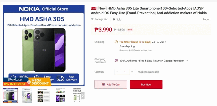 The phone has already been listed at a retailer in the Philippines for 3,990 PHP (approx. $65).