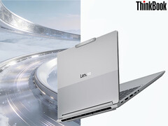 The two laptops will be refreshed with Ryzen 400 series processors later. Pictured: a promo showing the back design of the ThinkBook 14+. (Image source: Lenovo - edited)