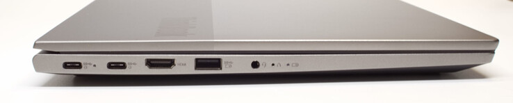 left: 2x USB Type C with PowerDelivery and DisplayPort; HDMI, USB Type A (3.2 Gen 1); 3.5 mm headset