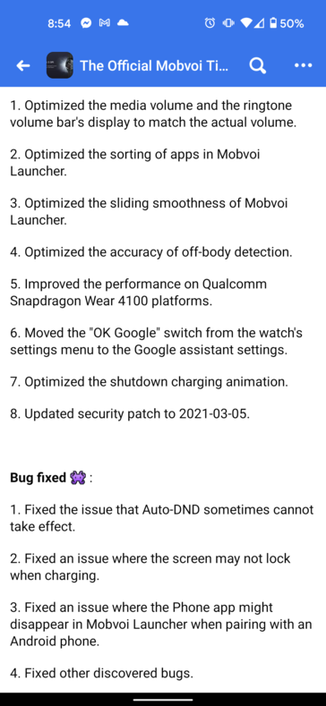 TicWatch Pro 3 update changelog (image via Reddit)