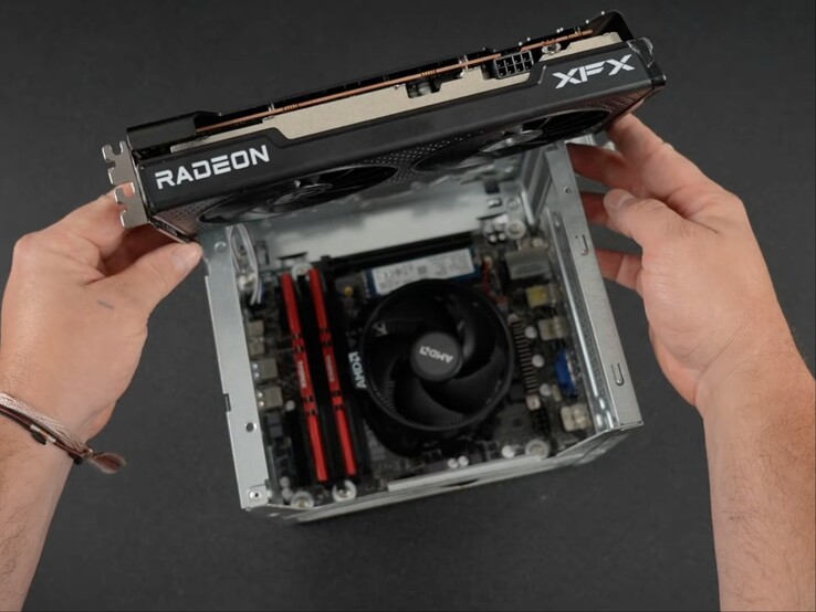 Radeon RX 6600 desktop GPU proving to big to fit in the Steam Machine inspired mini-PC. (Image source: ETA Prime on YouTube)