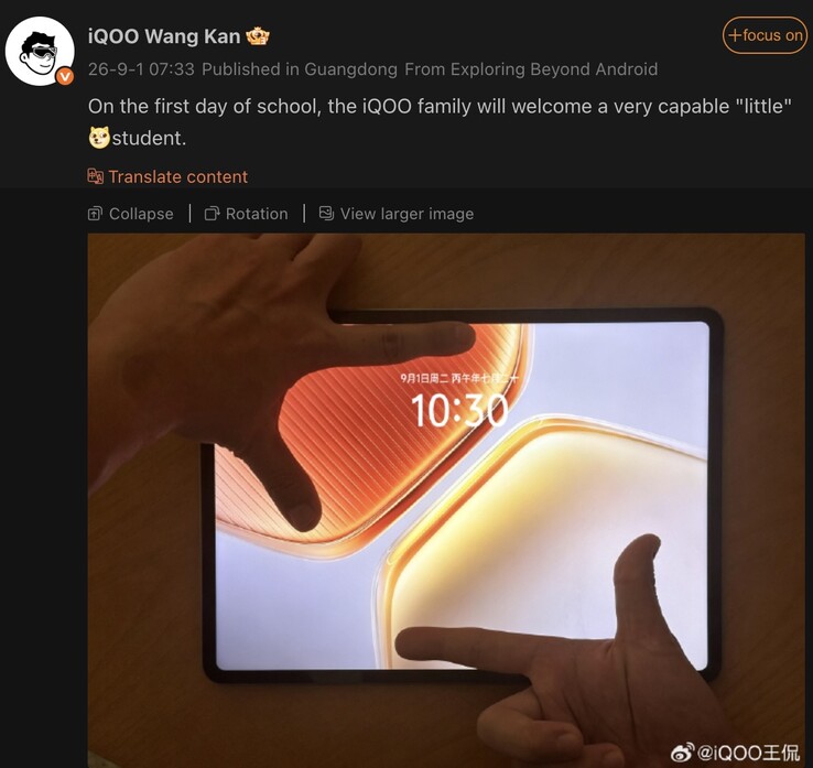 iQOO executive Wang Kan appears to tease a compact tablet.
