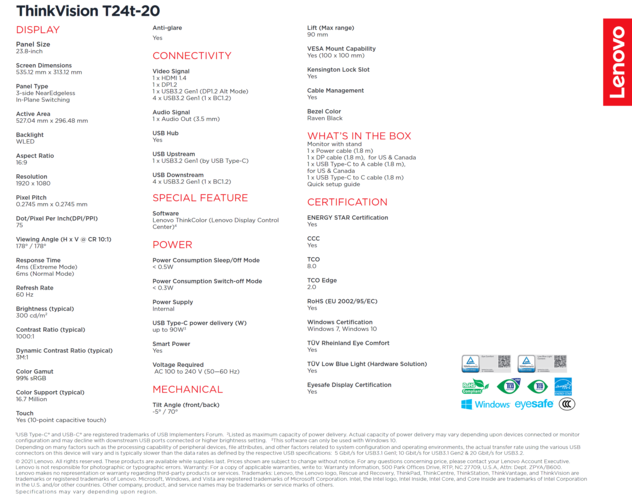 Lenovo ThinkVision T24t-20 - Specifications. (Source: Lenovo)