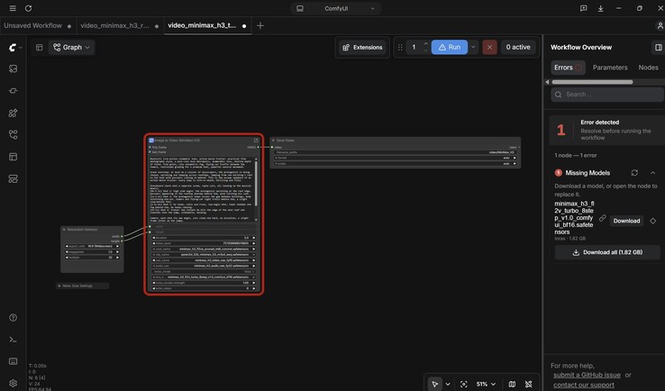 The simplest case, text-to-video: one node for selecting the resolution, followed by the main node with the video AI and finally the video output, including the format