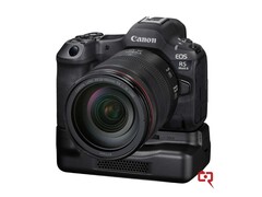The leaked Canon EOS R5 Mark II render, showing the active cooling grip (Source: Canon Rumors)