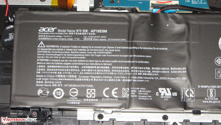 The battery has a capacity of 57.5 Wh.