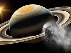 An illustration shows a Trojan asteroid following Saturn. (Image source: Robert Lea - Canva)
