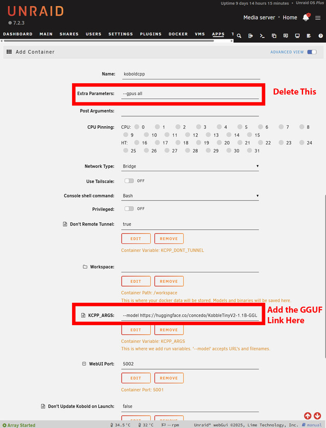 The Unraid docker template requires only 2 changes to get started. If you are running without a GPU, remove the GPU flag, and paste the link to the GGUF file from Huggingface