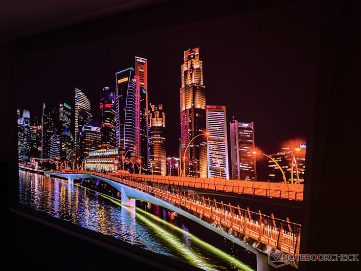 The image quality of the Valerion VisionMaster Max in a darkened room is impressive