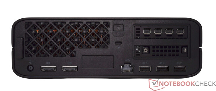 Rear panel: Power connector, 2x DisplayPort 1.4, GBit-LAN, Kensington Lock, 3x USB-A 10 Gbps, 4x Mini DisplayPort 1.4a