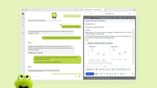 A Dot reviews new test data, updates an analysis and prepares an email draft with the findings for human approval.