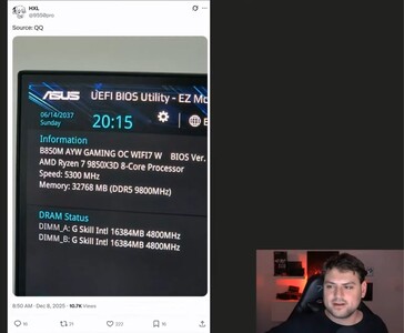 BIOS screenshot reportedly showing an AMD Ryzen 7 9850X3D system running with 32 GB of DDR5-9800 memory, shared by the X account @9550pro (Image source: @9550pro / X)