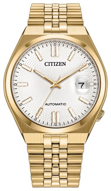 Citizen Tsuyosa 60 automatic watch with a gold-tone stainless steel case and Jubilee-style bracelet, white guilloché-pattern dial, and cyclops date magnifier.
