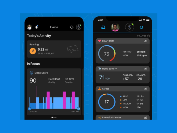 比较 Garmin Connect 应用程序主屏幕的新（左）和旧（右）版本的屏幕截图。（图片来源：Garmin）