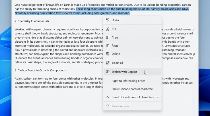 Screenshot of Notepad version 11.2401.25.0 . Copilot can be triggered right from the context menu. (Windows blog)