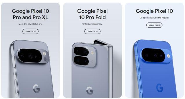 The Pixel 10 range. With the exception of the fold, the standard Pixel 10 and smaller 10 Pro are almost identical both in build and specification, but carry a $200 price difference (Image Source: Google)