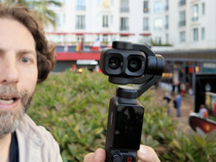 A close-up of the Osmo Pocket 4P showing its two camera lenses.