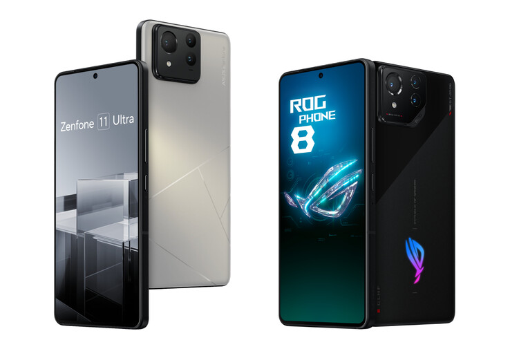 The Zenfone 11 Ultra next to the ROG Phone 8. (Image source: ASUS & @evleaks - edited)