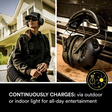 The WorkTunes use PowerFoyle solar cells for continuous charging during use, greatly reducing the need to plug the headphones into a charger. (Image source: 3M)