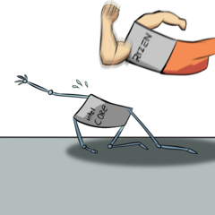 A caricature of AMD crushing Intel&#039;s failing CPUs. (Image source: Own)