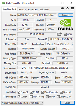 GPU-Z Nvidia GeForce GTX 1650 Ti