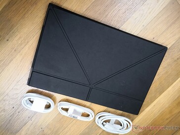 Retail box includes the monitor, folio cover, 2x USB-C cables, and a mini-HDMI to full-size HDMI cable