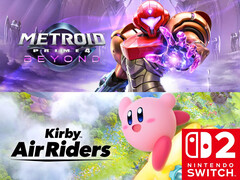 Metroid Prime 4: Beyond and Kirby Air Riders banners are shown (Image source: Nintendo of America with edits)